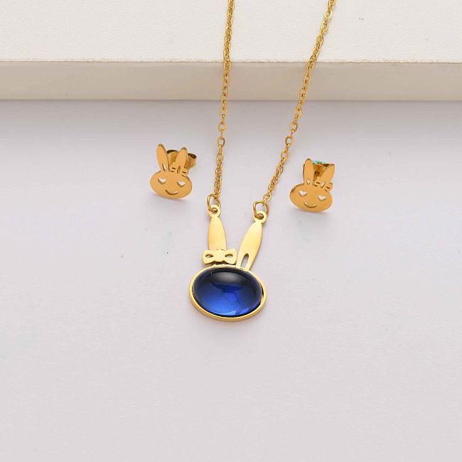 Rabbit natural stone 18k gold plated stainless steel jewelry sets for women-SSCSG143-34581