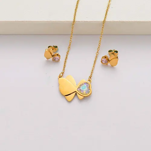 Heart butterfly crystal 18k gold plated stainless steel jewelry sets for women-SSCSG143-34602