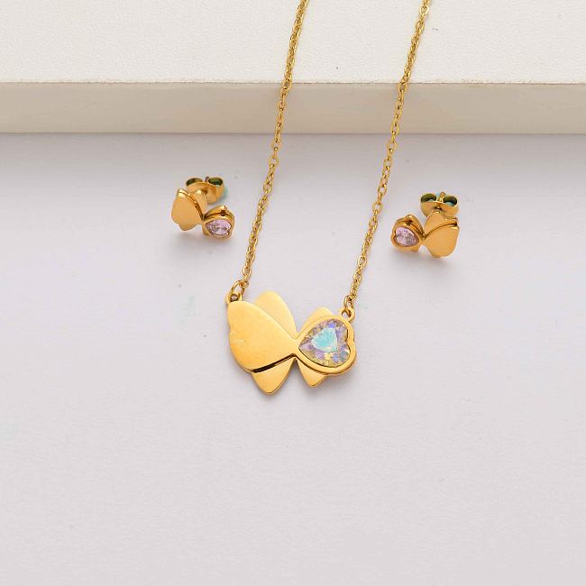Conjuntos de joias em aço inoxidável banhado a ouro 18k de cristal borboleta em forma de coração para mulheres-SSCSG143-34602