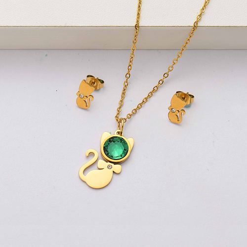 Cat crystal 18k gold plated stainless steel jewelry sets for women-SSCSG143-34491