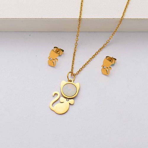 Cat crystal 18k gold plated stainless steel jewelry sets for women-SSCSG143-34497