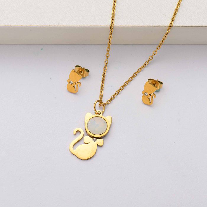 Cat crystal 18k gold plated stainless steel jewelry sets for women-SSCSG143-34497