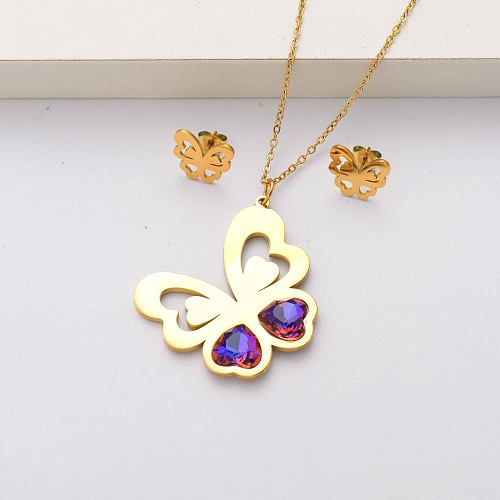 Butterfly crystal 18k gold plated stainless steel jewelry sets for women-SSCSG143-34569