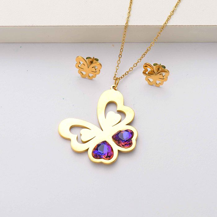 Butterfly crystal 18k gold plated stainless steel jewelry sets for women-SSCSG143-34569