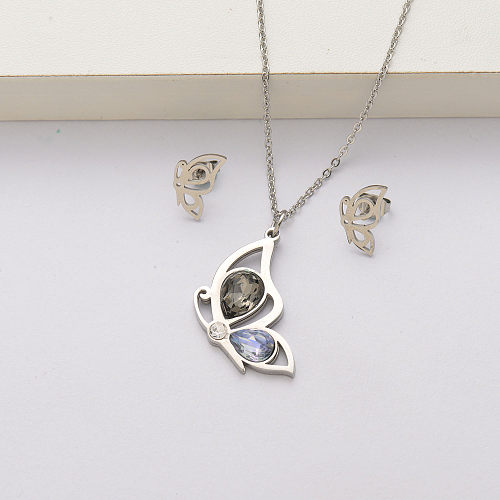 Conjuntos de collar de acero inoxidable con cristal de mariposa para mujer-SSCSG143-34434