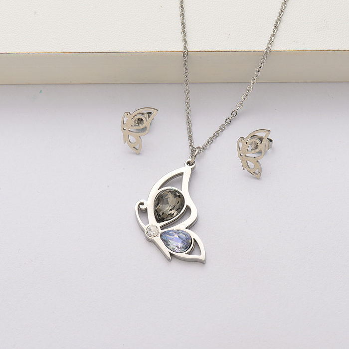Butterfly crystal stainless steel necklace sets for women-SSCSG143-34434