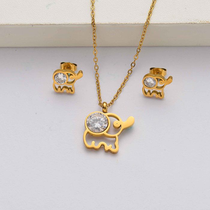 طقم مجوهرات من الفولاذ المقاوم للصدأ مطلي بالذهب عيار 18 قيراط على شكل فيل للنساء- SSCSG142-34627