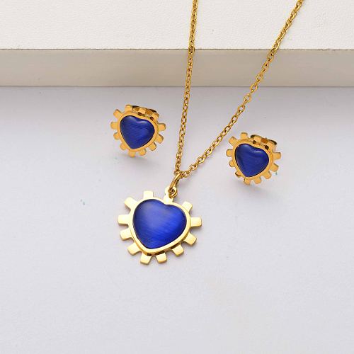 Heart natural stone 18k gold plated stainless steel jewelry sets for women-SSCSG143-34468