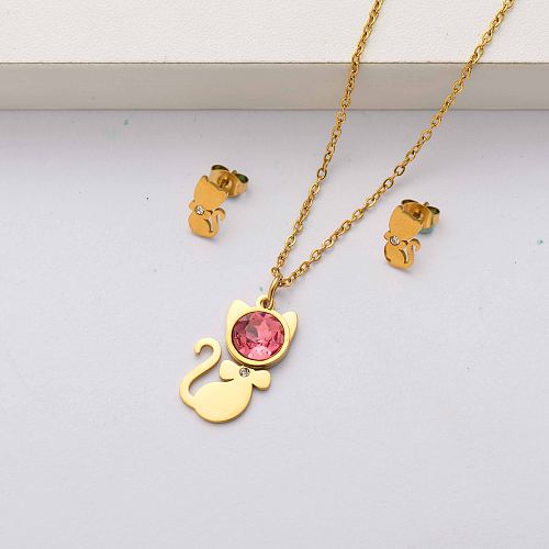 Cat crystal 18k gold plated stainless steel jewelry sets for women-SSCSG143-34504