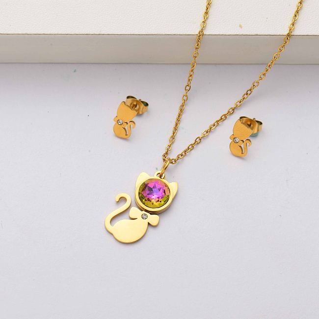 Cat crystal 18k gold plated stainless steel jewelry sets for women-SSCSG143-34510