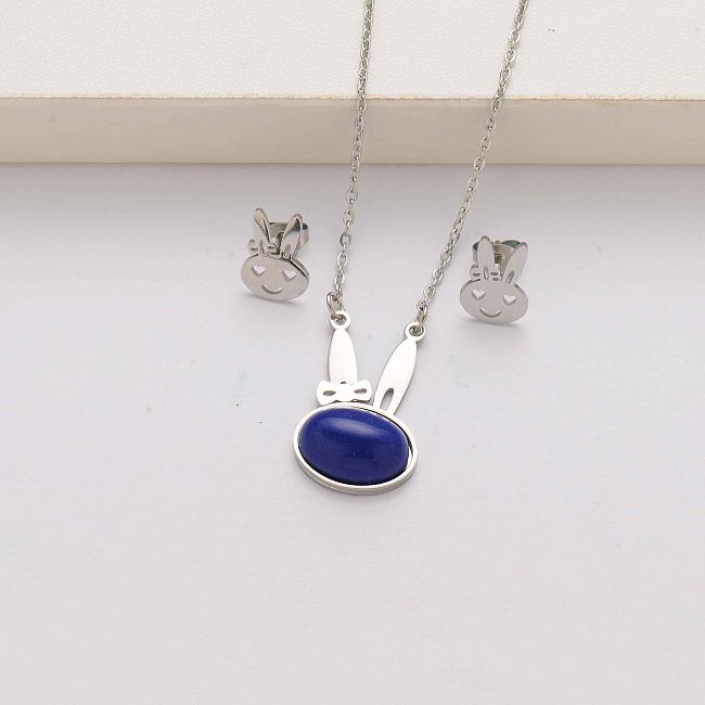 Conjuntos de joias de aço inoxidável de moda de pedra natural para coelho para mulheres-SSCSG143-34594
