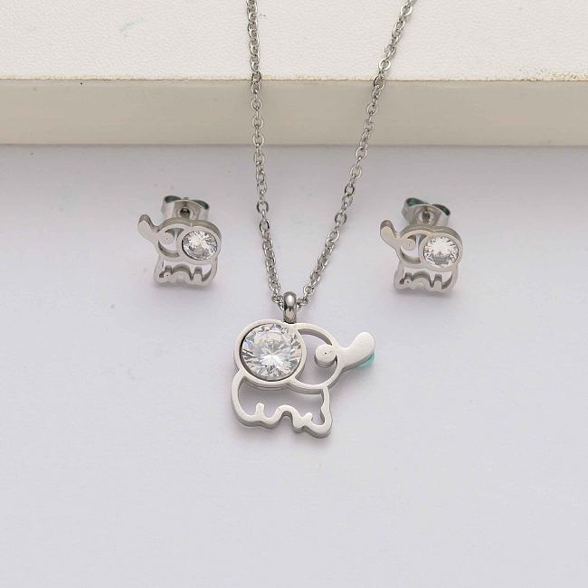 طقم مجوهرات من الستانلس ستيل الكريستالي على شكل فيل للنساء- SSCSG142-34626