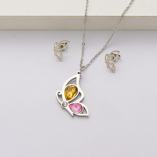 Conjuntos de collar de acero inoxidable con cristal de mariposa para mujer-SSCSG143-34428
