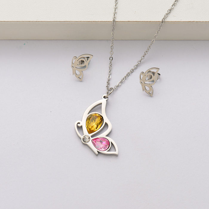 Conjuntos de collar de acero inoxidable con cristal de mariposa para mujer-SSCSG143-34428