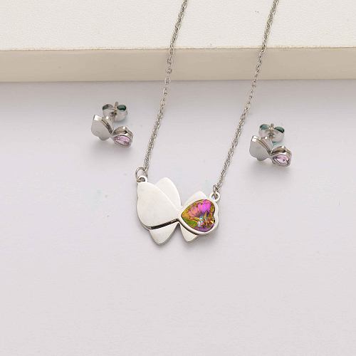 Conjuntos de joyas de acero inoxidable con cristal de mariposa en forma de corazón para mujer-SSCSG143-34609