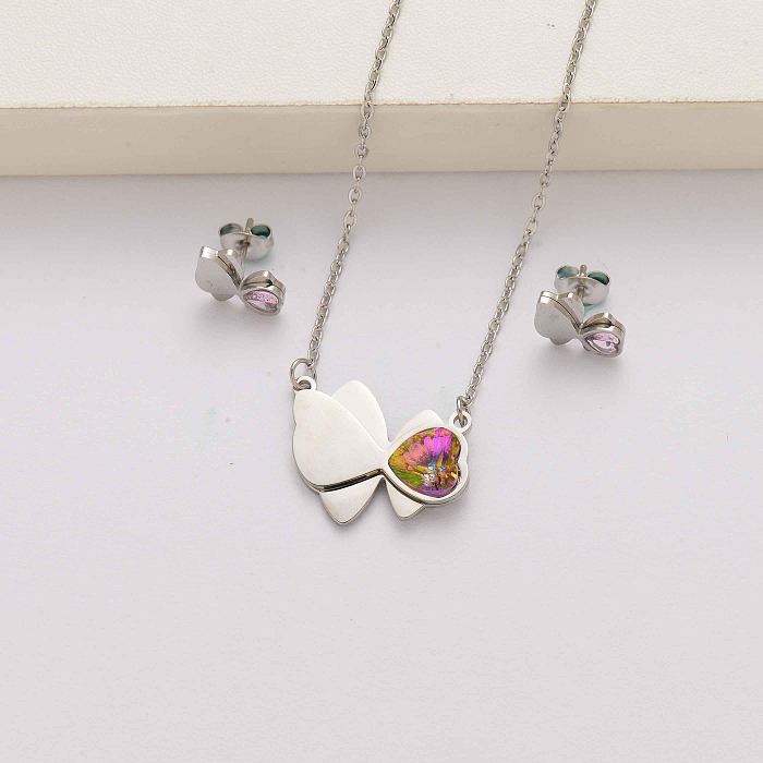 Heart butterfly crystal stainless steel jewelry sets for women-SSCSG143-34609