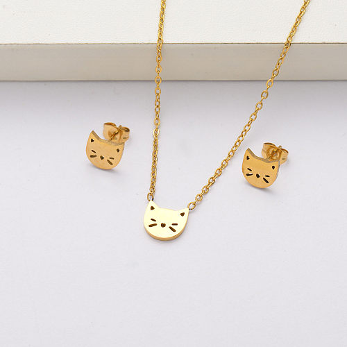 Cat conjuntos de joyas de acero inoxidable chapados en oro de 18 quilates para mujer-SSCSG143-34377