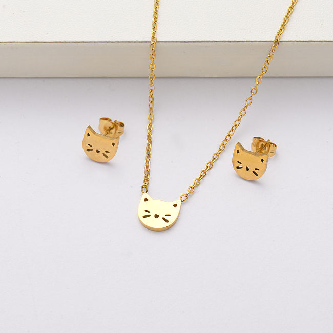 Conjuntos de joias de aço inoxidável banhados a ouro 18k Cat para mulheres-SSCSG143-34377