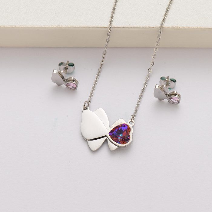 Conjuntos de joias em aço inoxidável de cristal borboleta em forma de coração para mulheres-SSCSG143-34608