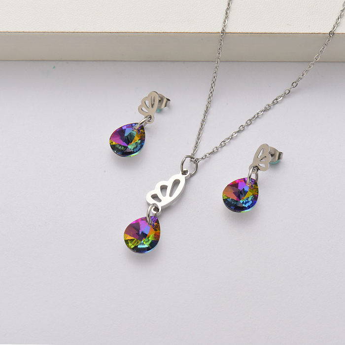 Conjuntos de joias de cristal de asa de borboleta em aço inoxidável para mulheres-SSCSG143-34447