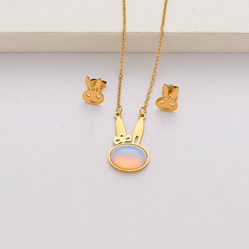 Rabbit natural stone 18k gold plated stainless steel jewelry sets for women-SSCSG143-34583