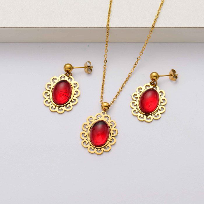 Natural stone 18k gold plated stainless steel jewelry sets for women-SSCSG143-34476