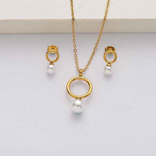 Pearl 18k gold plated stainless steel jewelry sets for women-SSCSG142-34640
