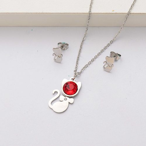 Cat crystal stainless steel jewelry sets for women-SSCSG143-34535