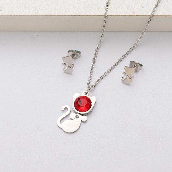 Conjuntos de joias de cristal de aço inoxidável Cat para mulheres-SSCSG143-34535
