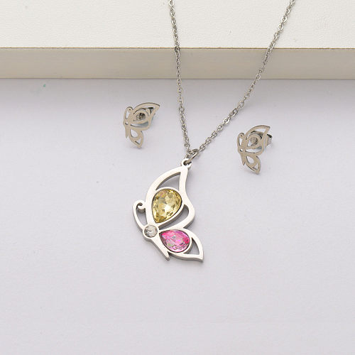 Butterfly crystal stainless steel necklace sets for women-SSCSG143-34433