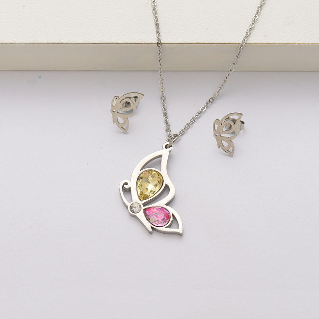Conjuntos de collar de acero inoxidable con cristal de mariposa para mujer-SSCSG143-34433
