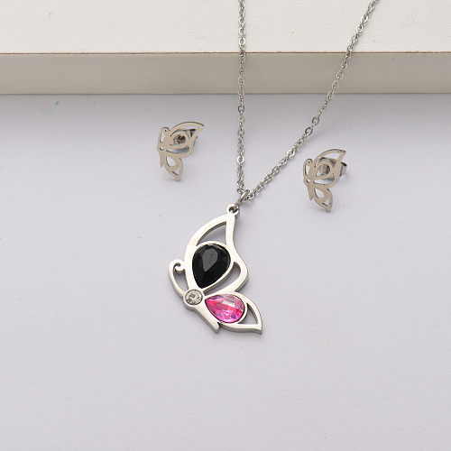Conjuntos de collar de acero inoxidable con cristal de mariposa para mujer-SSCSG143-34427