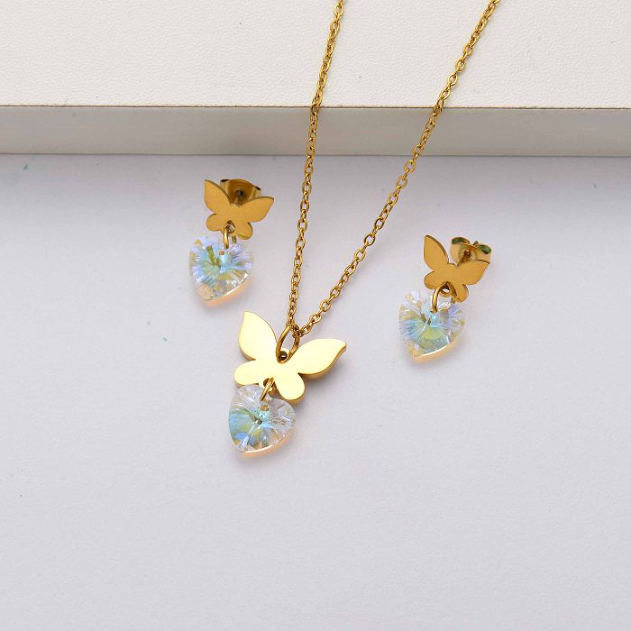 Conjuntos de joyas de mariposa de acero inoxidable chapado en oro de 18 quilates para mujer-SSCSG143-34460