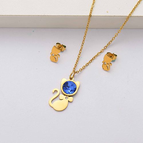 Cat crystal 18k conjuntos de joyas de acero inoxidable chapado en oro para mujer-SSCSG143-34509