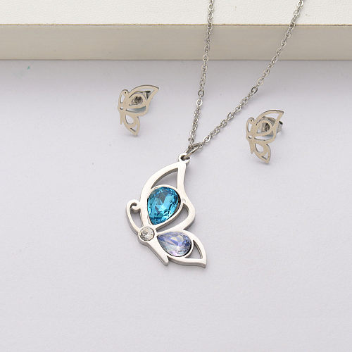 Conjuntos de collar de acero inoxidable con cristal de mariposa para mujer-SSCSG143-34425