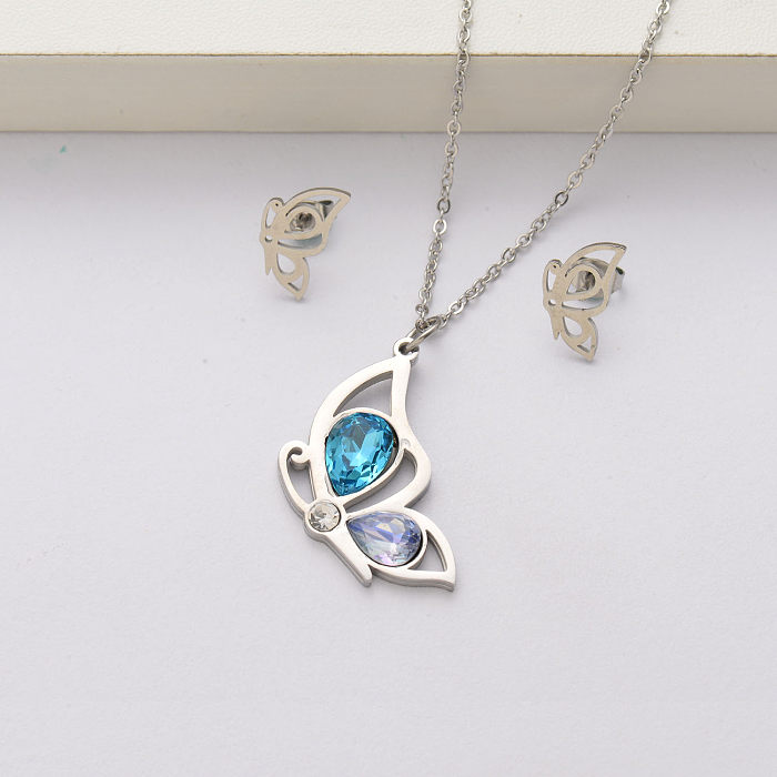 Conjuntos de collar de acero inoxidable con cristal de mariposa para mujer-SSCSG143-34425