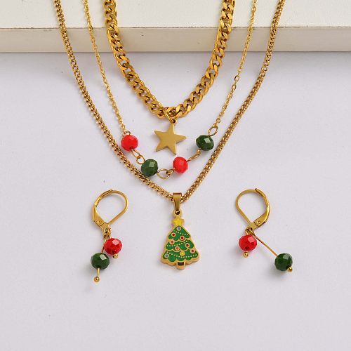 Chaîne d'arbres de Noël en acier inoxydable plaqué or 18 carats ensemble de bijoux cadeau de Noël-SSCSG142-34916