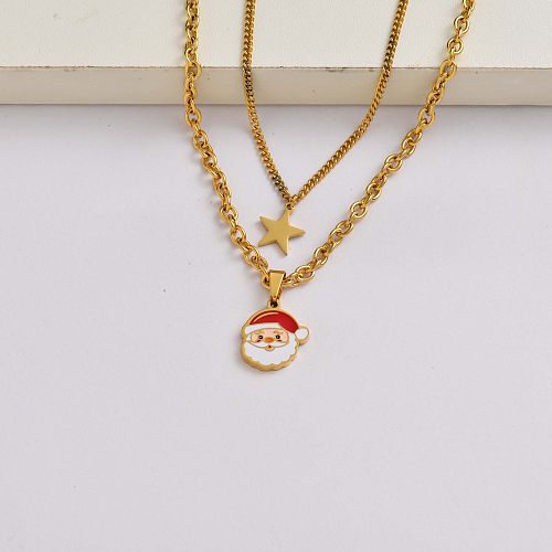 Collar navideño de acero inoxidable chapado en oro de 18 quilates con cadena de Papá Noel-SSNEG142-34841