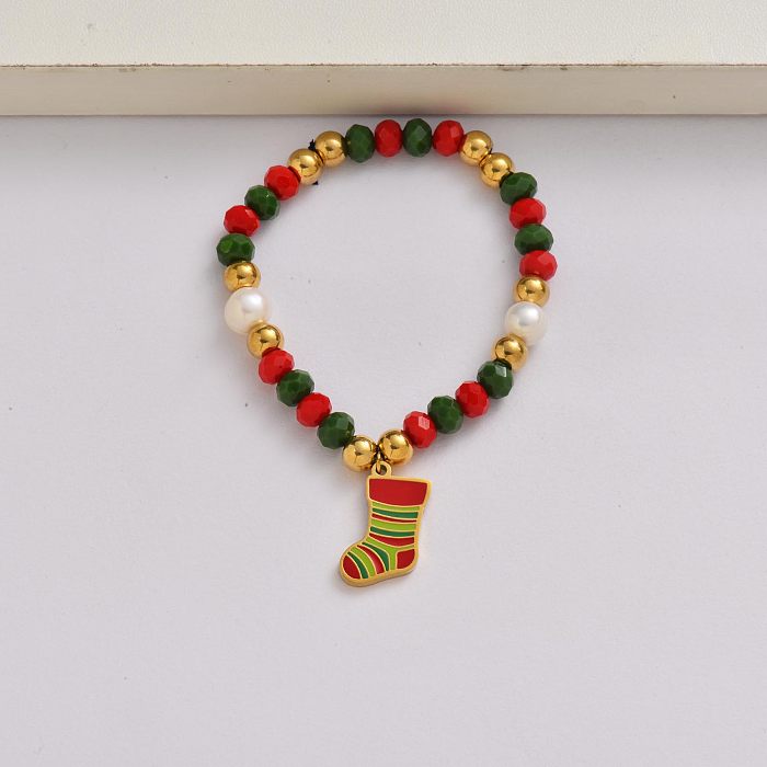 Christmas sock chain 18k gold plated stainless steel christmas charm bracelet-SSBTG142-34961