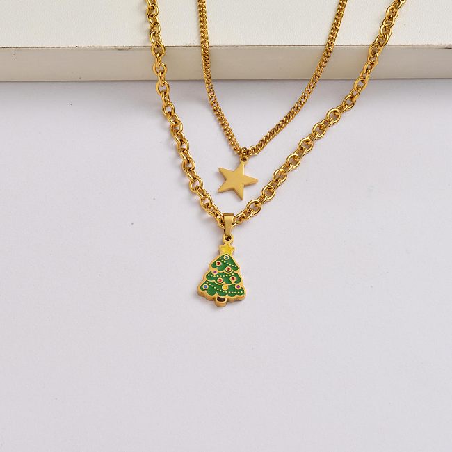 Chaîne d'arbres de Noël collier en acier inoxydable plaqué or 18 carats cadeau de Noël-SSNEG142-34862