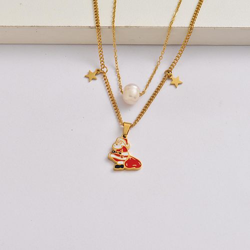 Santa Claus chain 18k gold plated stainless steel christmas charm necklace-SSNEG142-34865