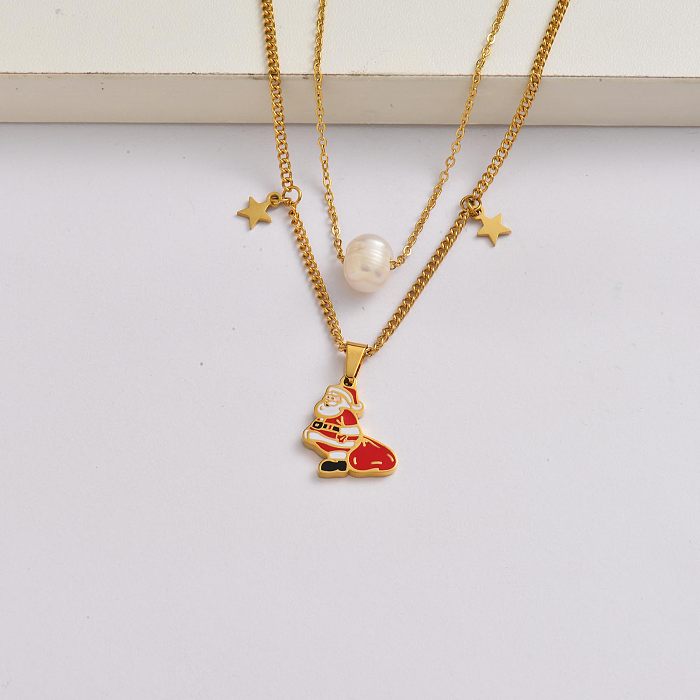 Chaîne du Père Noël en acier inoxydable plaqué or 18 carats collier de breloques de Noël-SSNEG142-34865