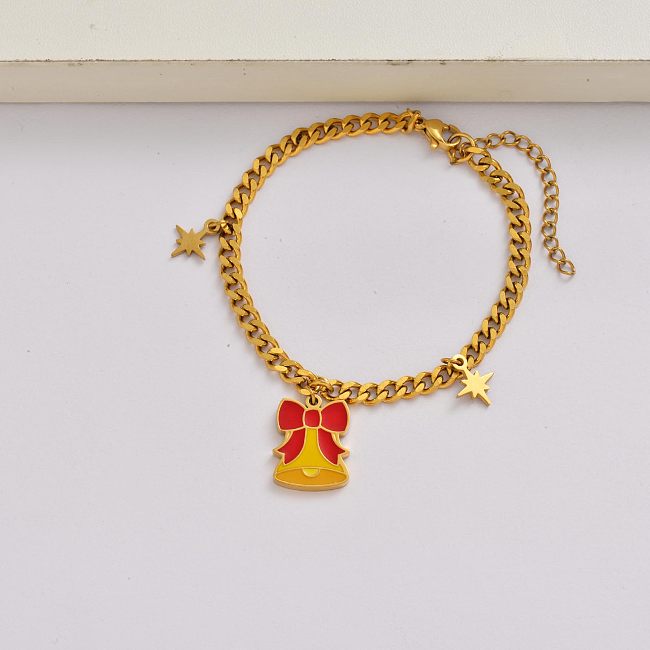 Corrente de sino de natal em aço inoxidável banhado a ouro 18k pulseira com pingente de natal-SSBTG142-34934