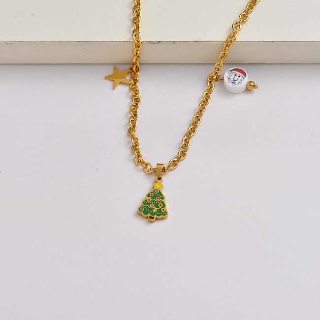 Weihnachtsbäume Kette 18k vergoldet Edelstahl Halskette Weihnachtsgeschenk-SSNEG142-34846