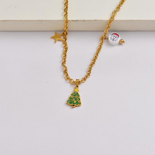 Chaîne d'arbres de Noël collier en acier inoxydable plaqué or 18 carats cadeau de Noël-SSNEG142-34846