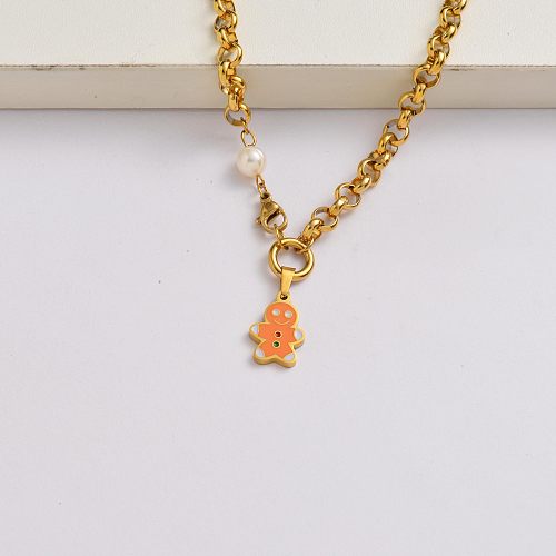 The Gingerbread Man chain 18k gold plated stainless steel xmas necklace-SSNEG142-34889