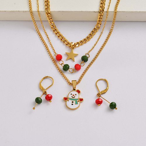 Christmas snowman chain 18k gold plated stainless steel christmas charm jewelry set-SSCSG142-34919