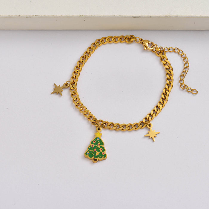 Chaîne d'arbres de Noël Bracelet en acier inoxydable plaqué or 18 carats cadeau de Noël-SSBTG142-34923