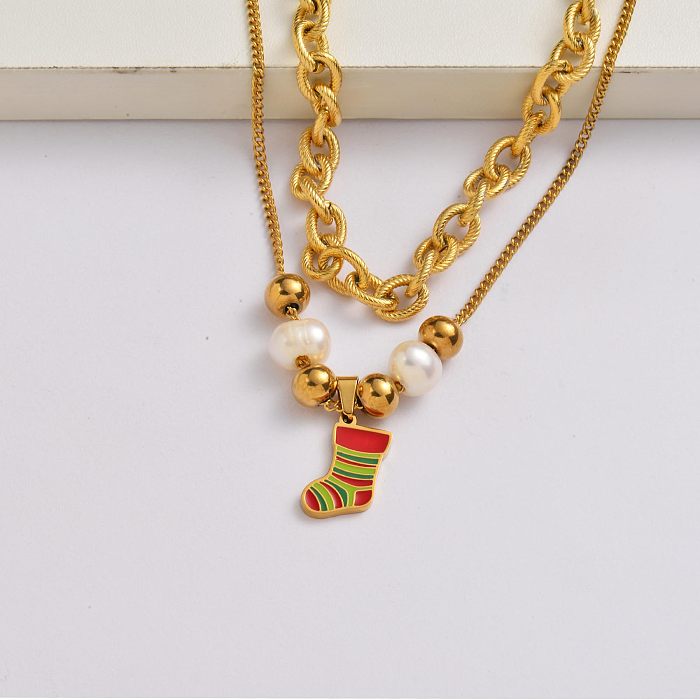 Weihnachtssockenkette 18k vergoldet Edelstahl Weihnachtsanhänger Halskette-SSNEG142-34899