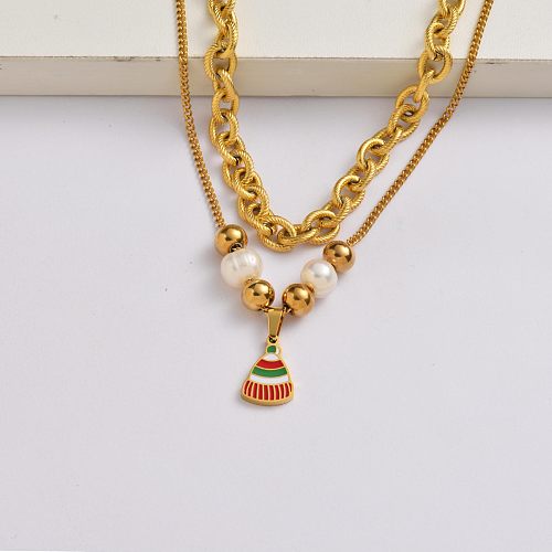 Christmas hat chain 18k gold plated stainless steel christmas charm necklace-SSNEG142-34894